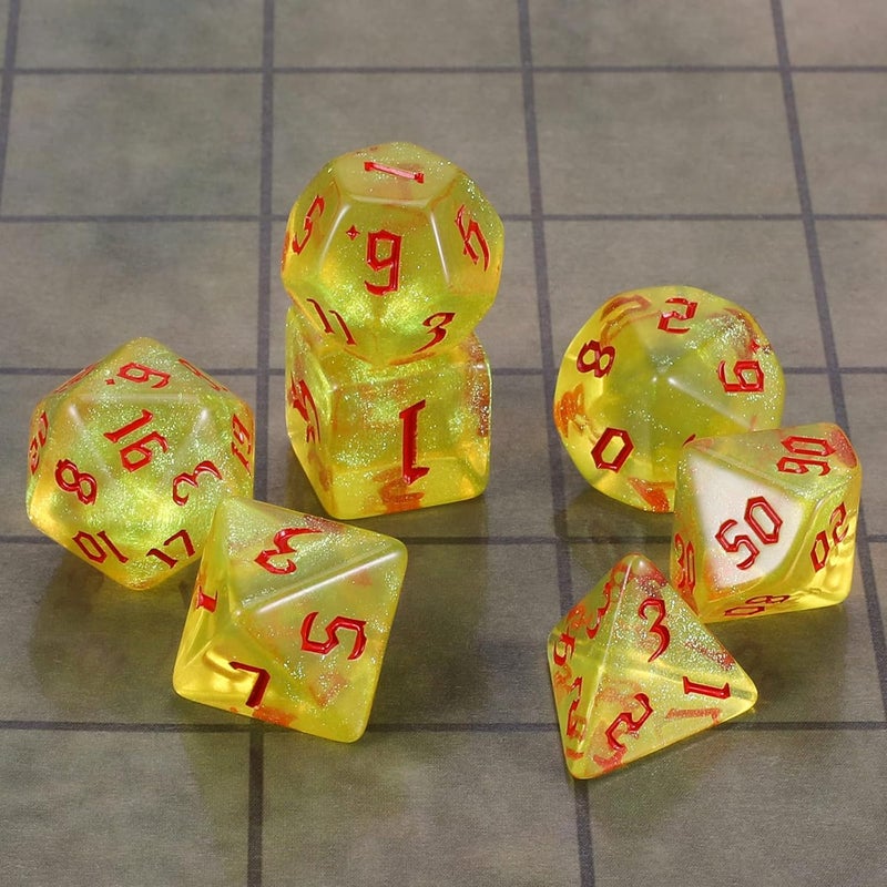 CiaraQ DND Polyhedral Dice Set with Dice Bag for Dungeons and Dragons RPG MTG Role Playing Table Games (Yellow + Glitter + Red Font) - Image 2